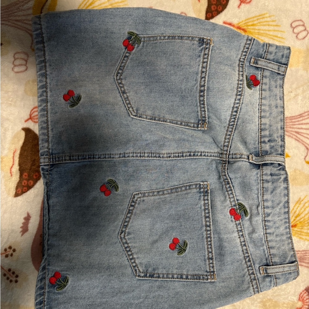 Forever 21 Blue Denim Skirt with Cherry Embroidery
